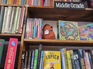 A photo of a hand-knit frog detective perched on a book shelf in a book store.