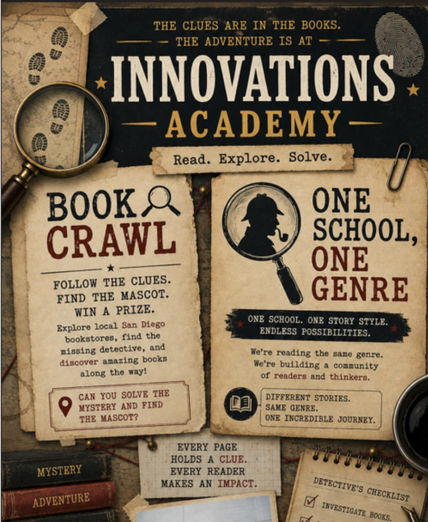 A graphic that says: "The Clues are in the Books. The Adventure is at Innovations Academy. Read. Explore. Solve. Book Crawl. One Genre" There are detective-themed icon images like a magnifying glass, detective profile in a trench coat, footprints.